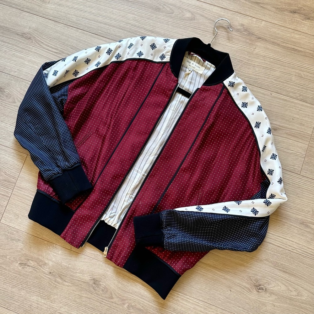 Rag & Bone Silk Print Bomber Jacket with Banded Trim US 4